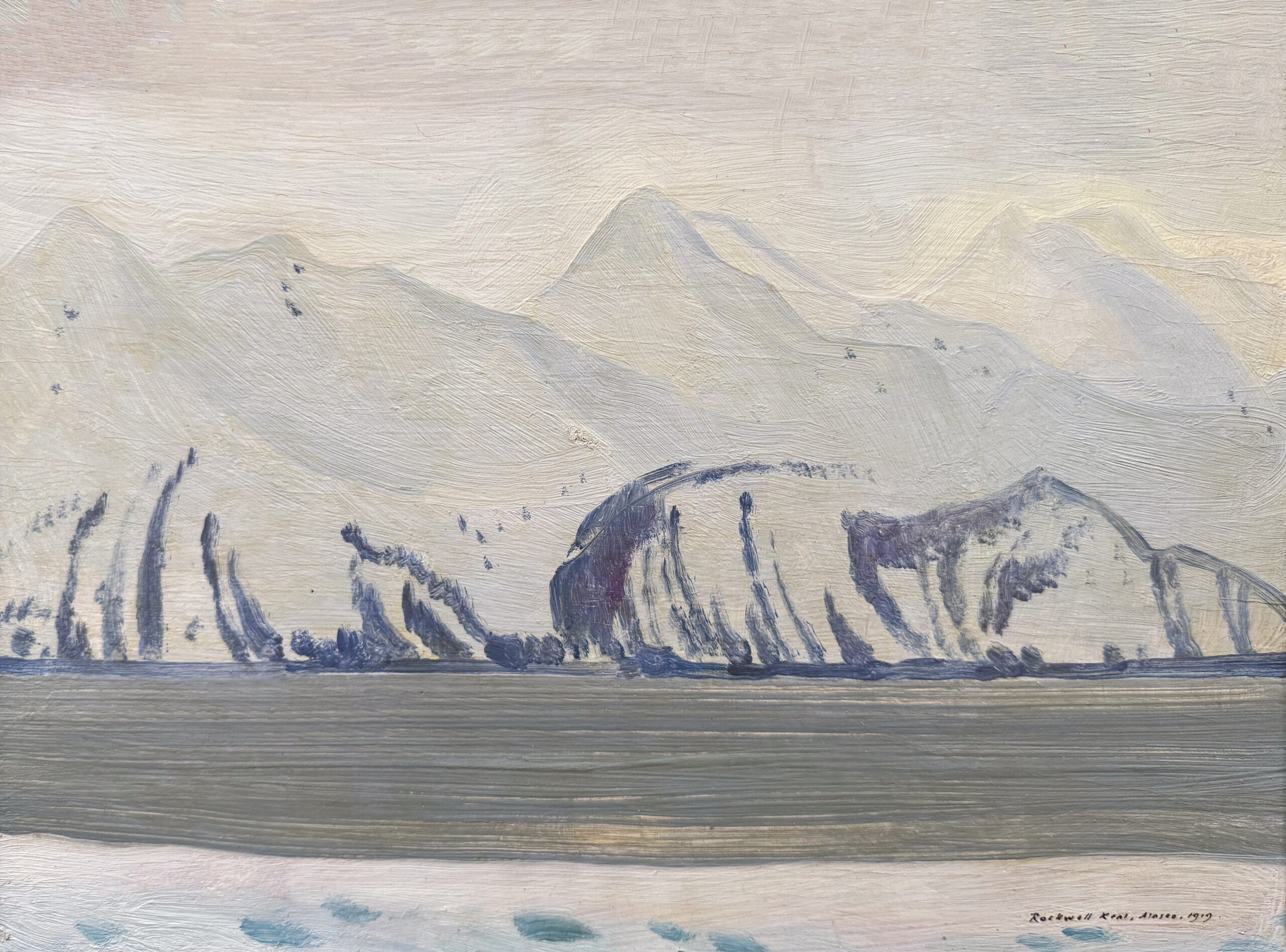 Visit A cloudy sky, icebergs, a field of water and a bank of snow form strips across the width of the panel. A blue-white winter haze unifies the visual field.